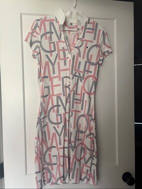 Tommy Hilfiger White Polo Shirt Dress with Pink & Gray Letter Print